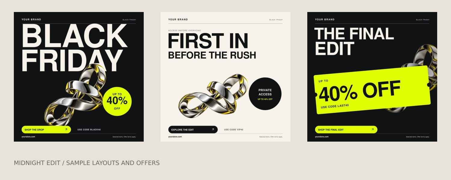 Black Friday preview showing launch, VIP early access and final reminder designs