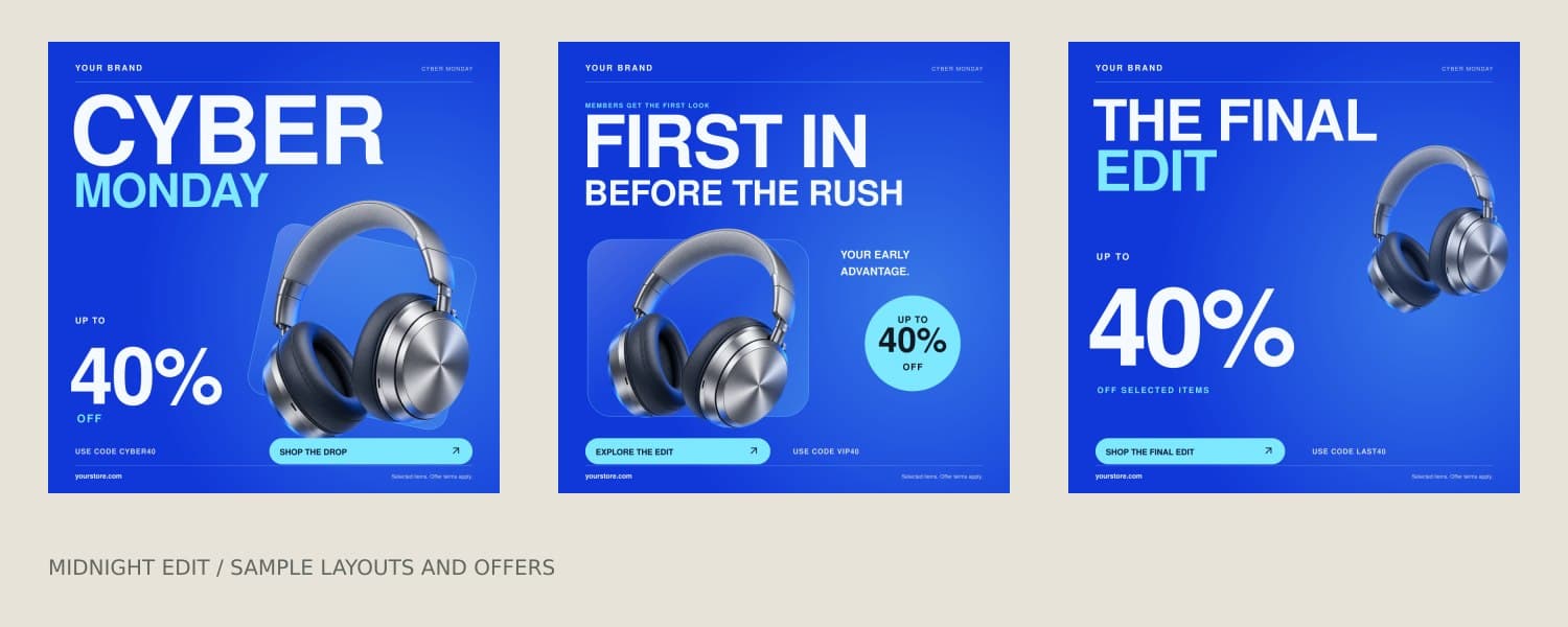 Cyber Monday preview showing launch, VIP early access and final reminder designs